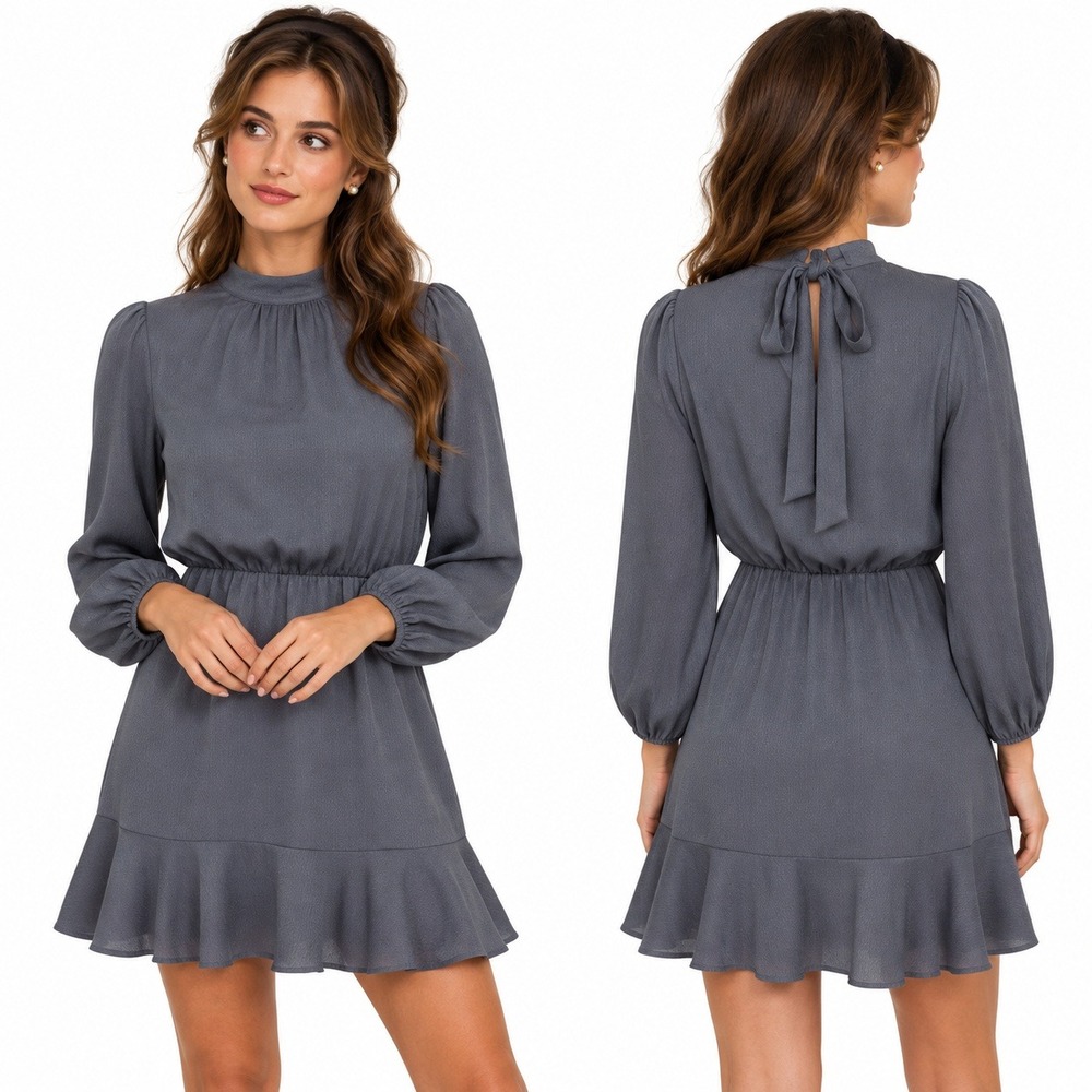 Vici Mini Dress Gray Ruffle Tie Back Textured Ballon Sleeve Coquette Size M